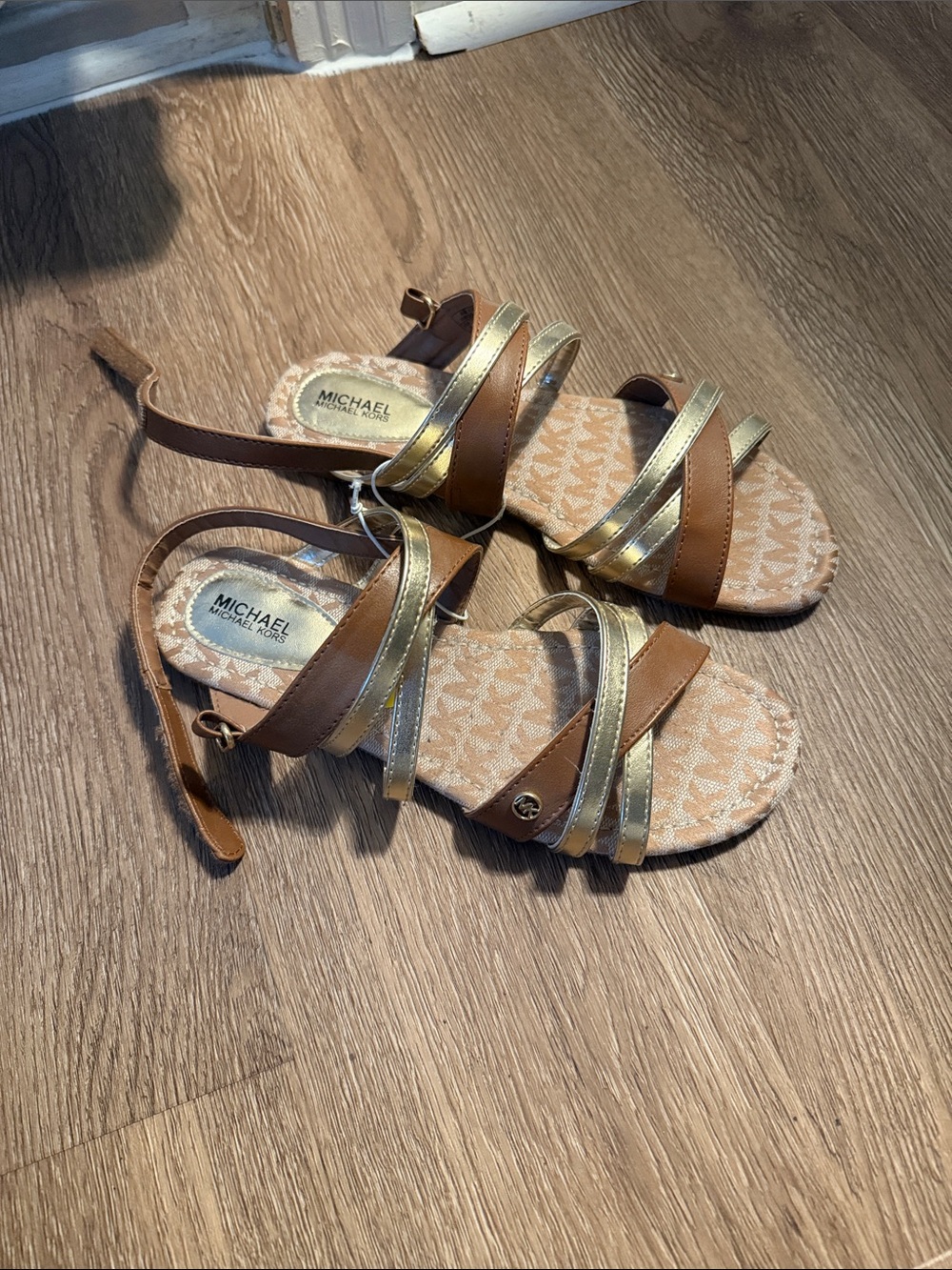 Michael Kors Girls Brown and Gold Strappy Ankle-Tie Sandals